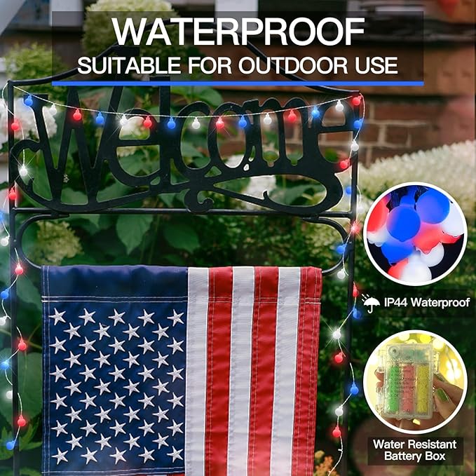suddus Red White and Blue Lights, 100 Led Battery Powered String Lights, Globe String Lights for Flag, Backyard, Patio, Garden, Party, Bedroom, Living Room, Christmas, Classroom Decoration