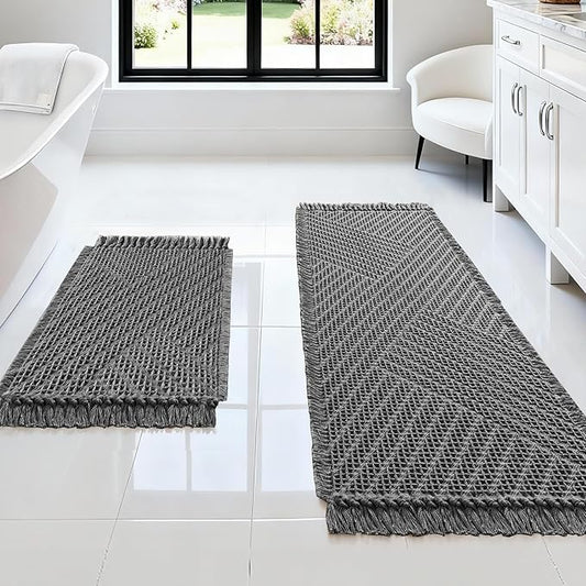 H.VERSAILTEX Waffle Bath Mat Super Absorbent Boho Bath Mat Non Slip Bath Rugs for Bathroom Floor Machine Washable Dry Fast Bathroom Rugs with Tassels (47 x 17 Plus 17 x 24 Inches, Gray)