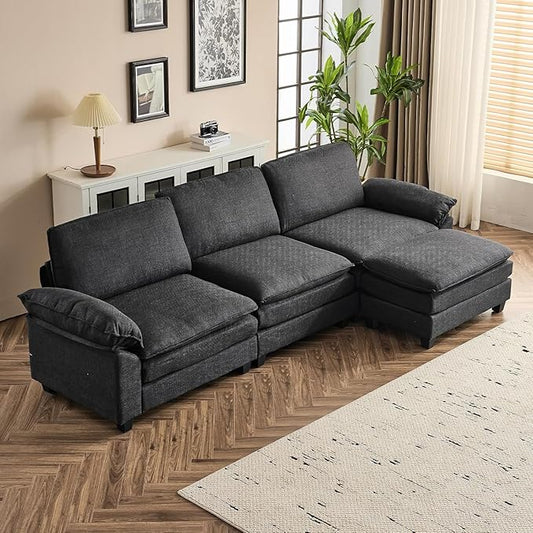 VINGLI 121" Cloud Linen Couch, Comfy Modular Sectional Sofa Set for Living Room,Modern 3-Seat Convertible Loveseat Sofa with 1 Ottoman for Small Space, Black