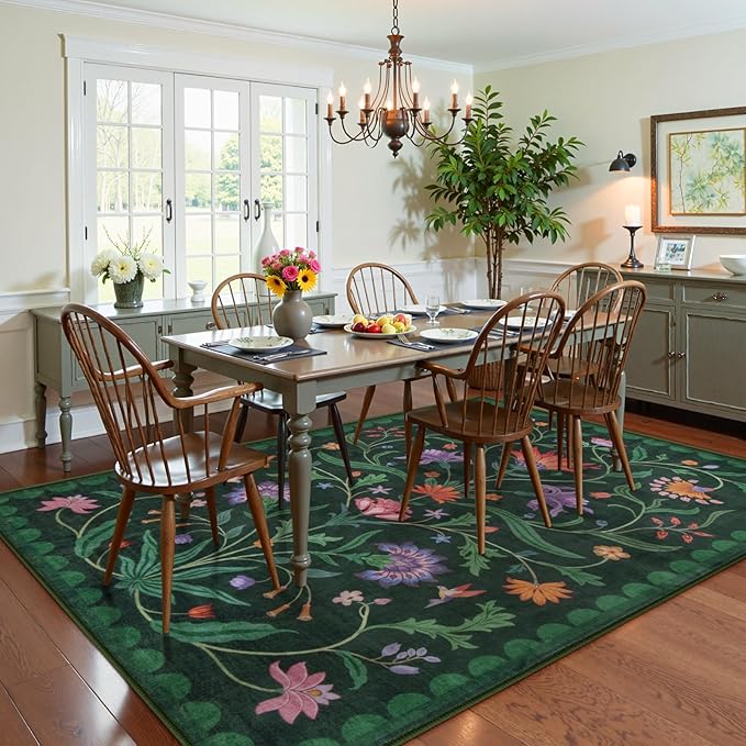 Lahome Boho Floral Washable Green 6x9 Area Rugs for Living Room, Non Slip Rugs for Bedroom, Indoor Throw Dining Room Carpet for Under Table Home Office Playroom (Forest Green,6x9ft)