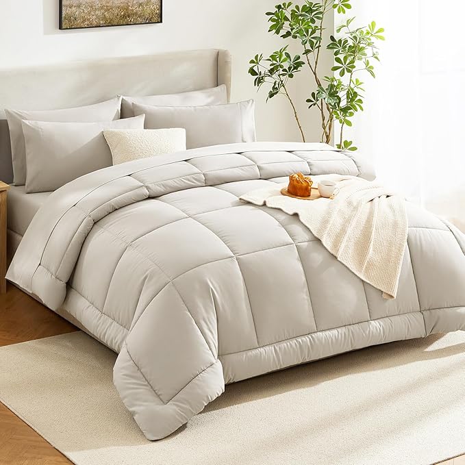 CozyLux California King Comforter Sets Beige, 7 Pieces Cal King Bed in a Bag, All Season Bedding Sets with Stitch Quilted Comforter, Flat Sheet, Fitted Sheet, Pillowcases