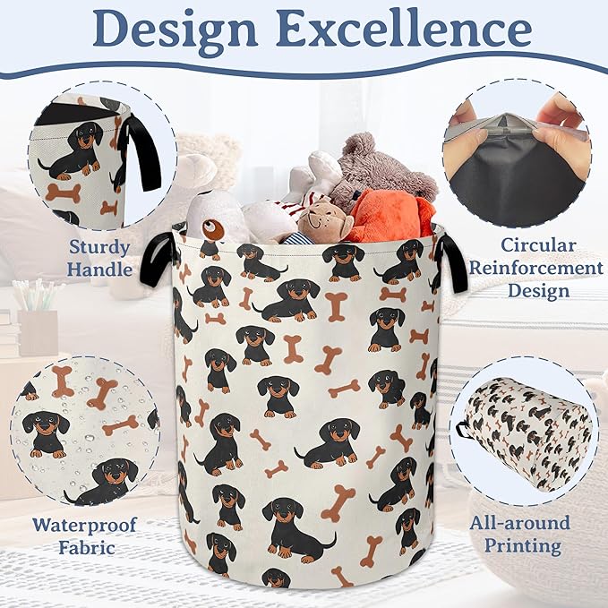 Cute Dachshund Laundry Basket,Foldable Oxford Cloth Bone Laundry Hamper With Handle, 20.8"x16" Portable Clothes Storage Basket Bag for Laundry Room/Bathroom/Bedroom/Dormitories