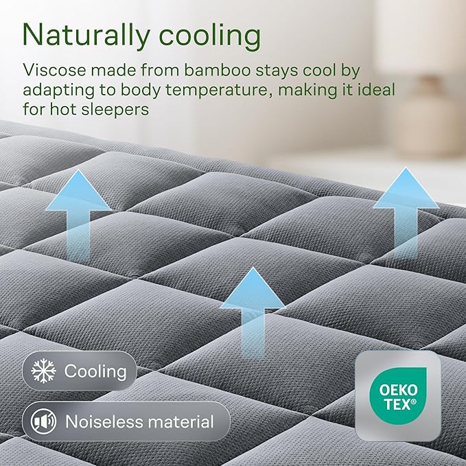 Ultra Soft King Size Mattress Topper - Viscose Made from Bamboo Pillow Top Mattress Pad for Back Pain Relief - Naturally Cooling for Hot Sleepers, Gray