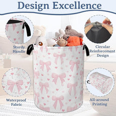 Cute Pink Bow Laundry Basket,Foldable Oxford Cloth Heart Laundry Hamper with Handles, 20.8