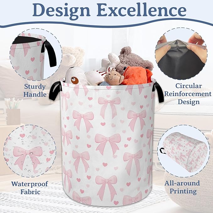 Cute Pink Bow Laundry Basket,Foldable Oxford Cloth Heart Laundry Hamper with Handles, 20.8"x16" Tote Bag Clothes Storage Bucket for Laundry Room/Bathroom/Bedroom/Dormitories