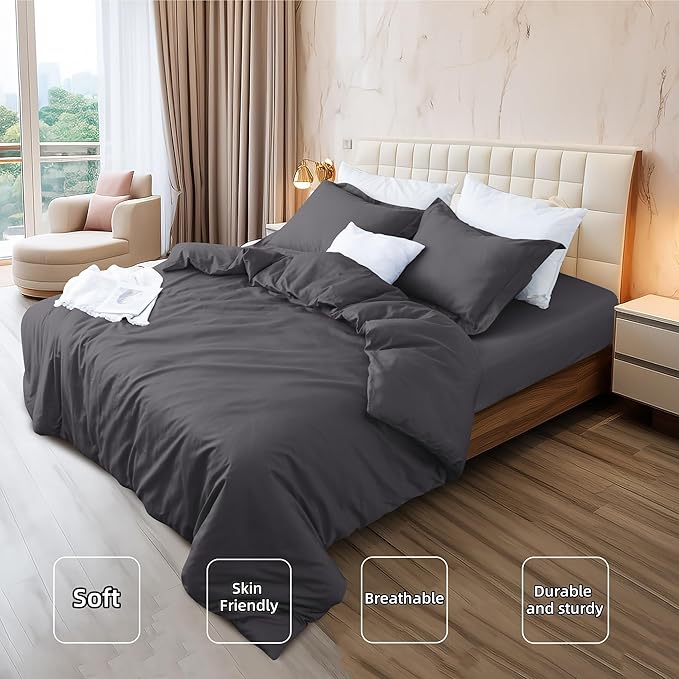 Dark Grey Duvet Cover Set Queen Size 100% Egyptian Cotton 3Pcs Home Bedding Set- 1 Duvet Cover with 2 Pillowcases, 400 Thread Count Super Soft Cover with Corner Ties(90x90 Inches, Dark Grey)