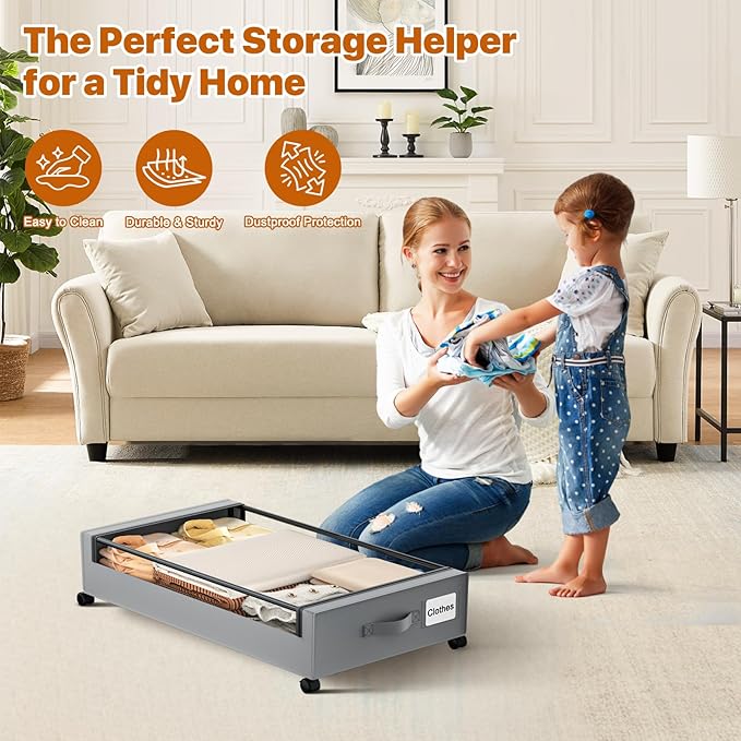 Under Bed Storage with Wheels,XXL 60L Under Bed Storage Containers with Clear Lids, Rolling Under Bed Metal Drawer for Clothes, Shoes,Toys(Gray, 2 Pack)