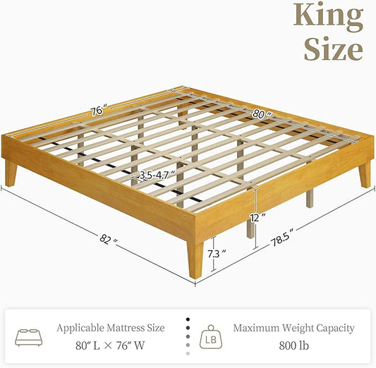 Yaheetech King Bed Frame Natural Solid Wood Platform Bed with Wooden Slats Support, 12-inch Underbed Space for Storage, Noise-Free Design, Easy Assembly, Natural Wood Finish