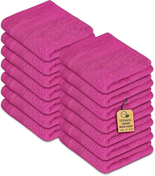 Premium Wash Cloths Pack of 12 (13" x 13") 100% Ring Spun Cotton | Luxury Washcloths | Ultra Soft Face Towels | Highly Absorbent Wash Cloths for face (Dark Pink)