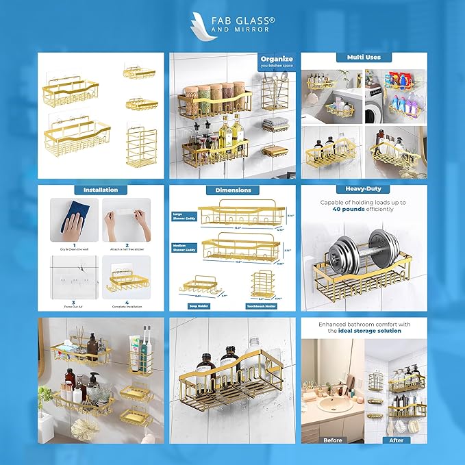 Fab Glass and Mirror 5-Pack Shower Caddy, Gold - Shower Organizer & Shelves for Efficient Storage, Bathroom Caddy for Wall Organizer, Durable Showers Wall Caddy