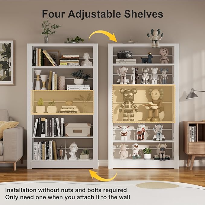 Bookshelf,5-Tier Bookcase with Adjustable Shelves,69” Tall Wide-Column Bookcase for Home Office, Living Room, Bedroom,White Metal Large Load-Bearing Bookshelf,H69*W36*D11.8 Inch (White)