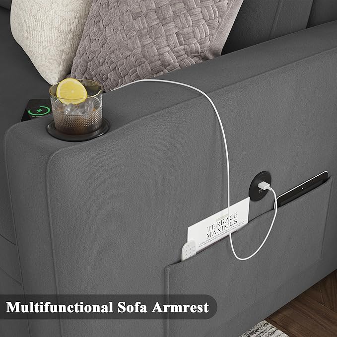 Keyluv 87" Pull Out Sleeper Sofa Bed with Storage Chaise, Reversible 2 in 1 Sectional Sofa Bed with Charging Station and Cup Holder, L-Shaped Sofa Couch for Living Room, Velvet Dark Gray