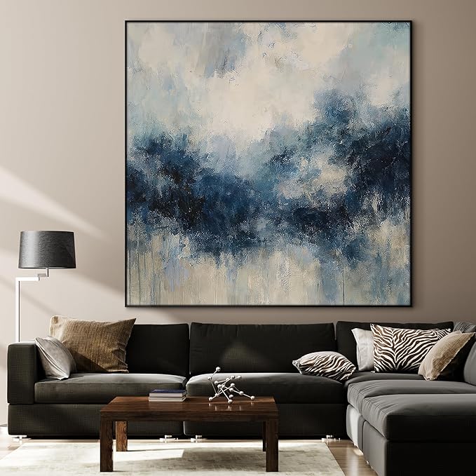 60"x60" XL Framed Wall Art - Blue Abstract Landscape Modern (Frame Assembly Required)