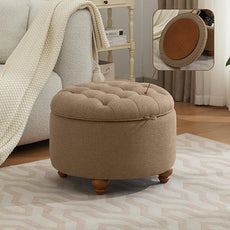 24Inch Round Storage Ottoman with Tray, Modern Tufted Fabric Circle Coffee Table with Storage, Upholstered Ottoman with Removable Top for Living Room, Bedroom, Brown