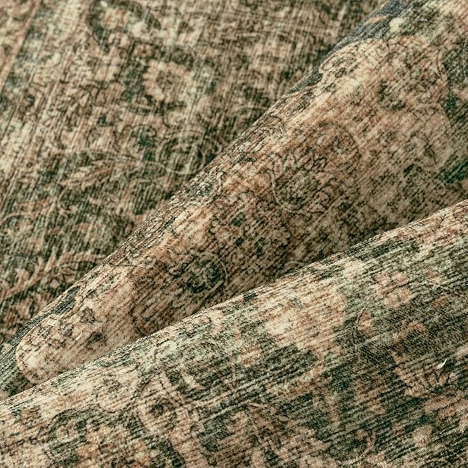 8x10 Washable Vintage Area Rug Green Brown Living Room Bedroom Carpet Non-Slip Soft Low Pile Distressed Indoor Large Throw Rug for Dining Room Office