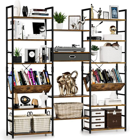 NUMENN Triple Wide 6 Tier Bookshelf, Adjustable Rustic Industrial Style Book Shelves, Modern Bookcases and Bookshelves Furniture for Bedroom, Living Room and Home Office, Vintage Brown