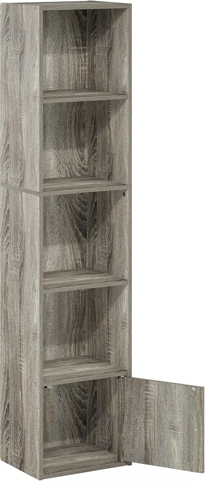 Furinno LUDER Book Shelf, 5-Tier Modern Bookshelf, Bookcase with 1 Door Storage Cabinet, 9.3 x 12 x 52, for Living Room, Bedroom, Home Office, French Oak