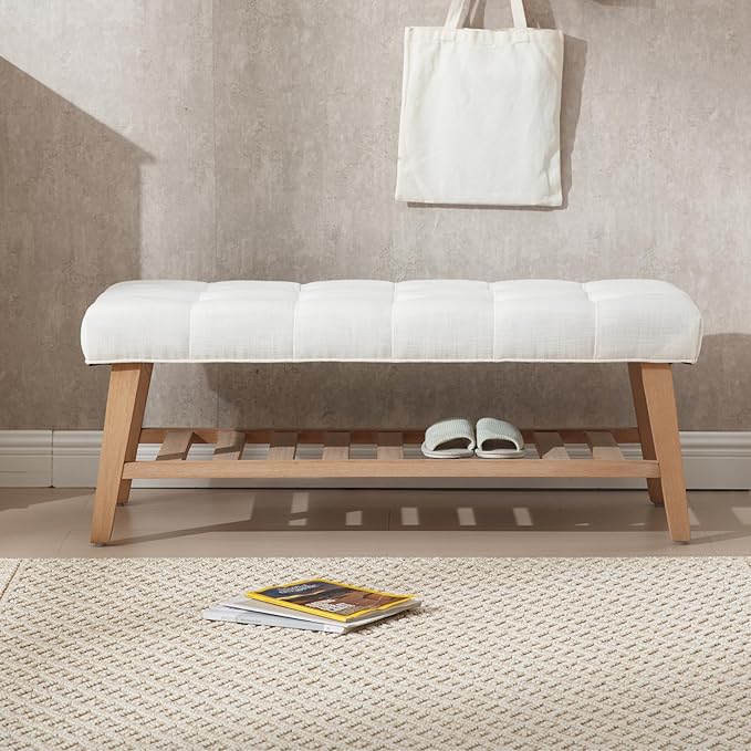 Kmax Entryway Bench with Shoe Storage, Upholstered Wood Storage Bench for Living Room Window Bench for Bedroom End of Bed - Linen, Beige