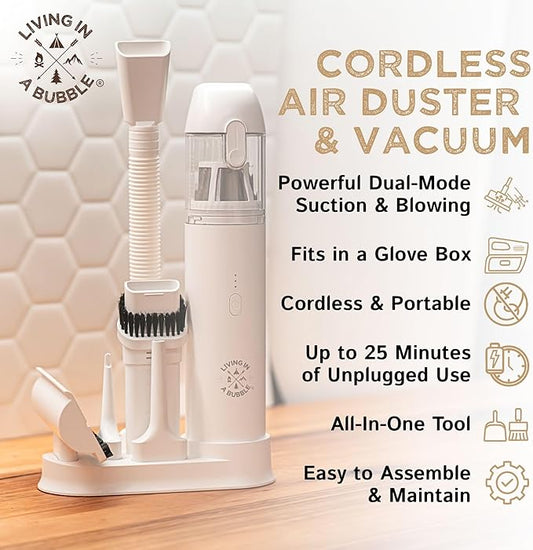 Living in a Bubble Cordless Air Duster & Mini Vacuum Set, Portable Handheld Wireless Vacuum for Car/Van