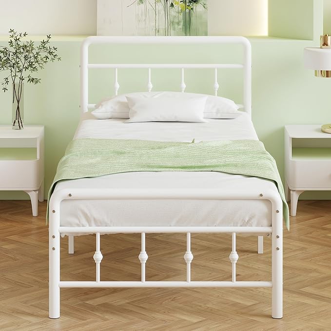 14 Inch White Twin XL Bed Frames with Headboard and Footboard, Metal Bed Frame Twin XL Victorian Style, Heavy Duty Mattress Foundation, No Box Spring Needed, Easy Assembly