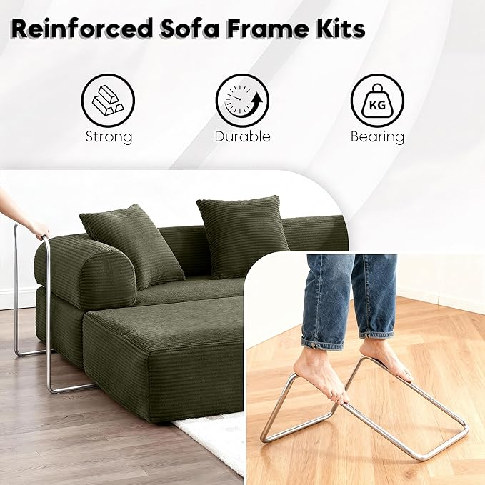 Convertible Sleeper Sofa Bed, Corduroy Floor Couch with Fixed-Shape Frame, Comfy Modular Floor Sofa with Pull Out Bed, Loveseat Sleeper Boneless Couch for Living Room, Green
