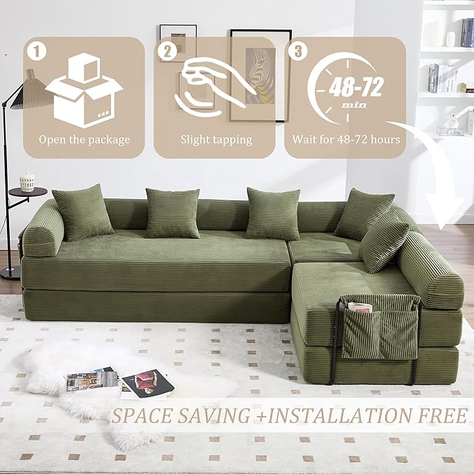 106" Oversized Convertible Sleeper Sofa Bed, Corduroy L Shape Sectional Couch, Folding Sofa Bed with Side Pocket, Modern Cloud Floor Mattress Couch, Modular Sofa for Living Room, Olive Green