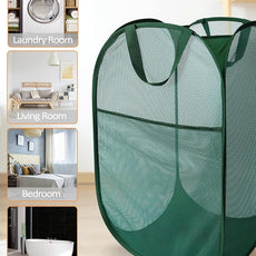 2 Pack Durable Collapsible Laundry Baskets - Reinforced Mesh Pop Up Laundry Hamper with Pocket, Foldable Dirty Clothes Hamper with Carry Handles for Laundry, Bathroom, Kids Room, Dorm or Travel Green