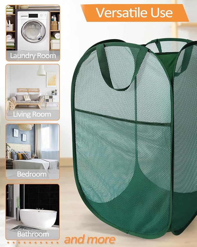 2 Pack Durable Collapsible Laundry Baskets - Reinforced Mesh Pop Up Laundry Hamper with Pocket, Foldable Dirty Clothes Hamper with Carry Handles for Laundry, Bathroom, Kids Room, Dorm or Travel Green
