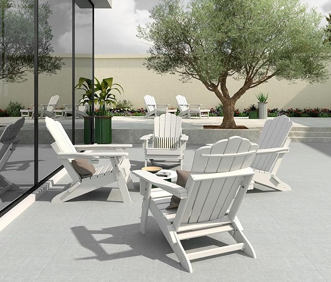 FOOWIN Adjustable Adirondack Chair with Retractable Ottoman Set of 2, Folding Adirondack Chair with Cup Holder, HDPE All-Weather Fire Pit Chair for Patio, Yard, Poolside, White