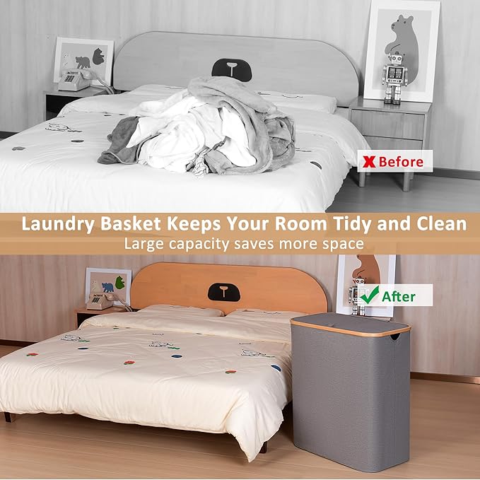 150L Laundry Hamper with Lid-Large Laundry Basket with Bamboo Handles, Grey Hampers for Laundry, Dirty Clothes Hamper with 2 Removable Inner Bags for Clothes Toys Towels