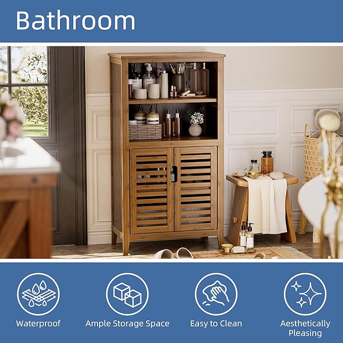 HITNET Walnut Bathroom Floor Cabinet, Bamboo Side Tall Storage Organizer, Freestanding Kitchen Cupboard with Door and Removable Shelf