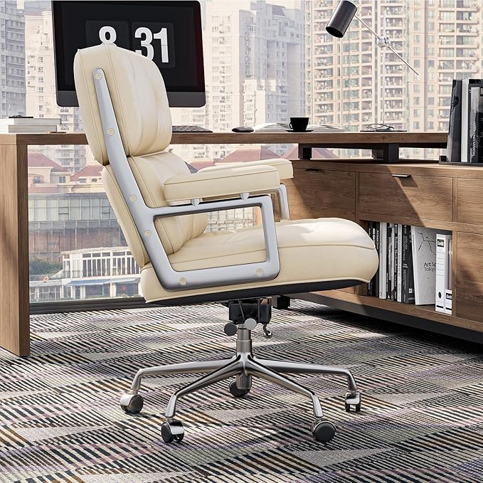 Home Office Chair with Top Grain Leather, Padded Armrests, Mid-Back Upholstered Executive Leather Desk Chair, Aluminum Frame, Adjustable Height, 360 Swivel, Rolling Wheels, 350lbs Capacity
