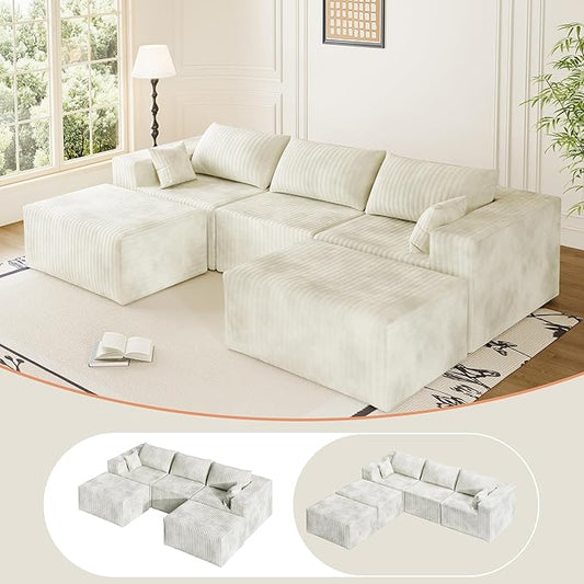 110" Cloud Couch Sectional for Living Room U-Shape Boneless Couches Modular Sectional Sofa with Deep Seat with Chaise,No Assembly Required, Carbon White(Plush Corduroy Fabric)