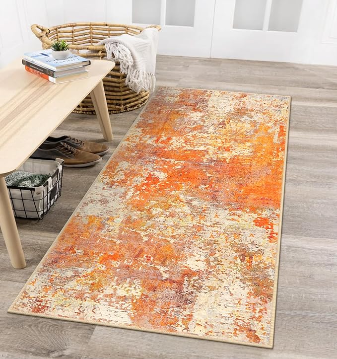 Lahome Modern Abstract Runner Rug - 2x4.3 Washable Kitchen Soft Laundry Room Rugs Bathroom Mat, Contemporary Non Slip Indoor Throw for Entryway Living Room, Yellow/Gold/Cream 2' x 4.3'