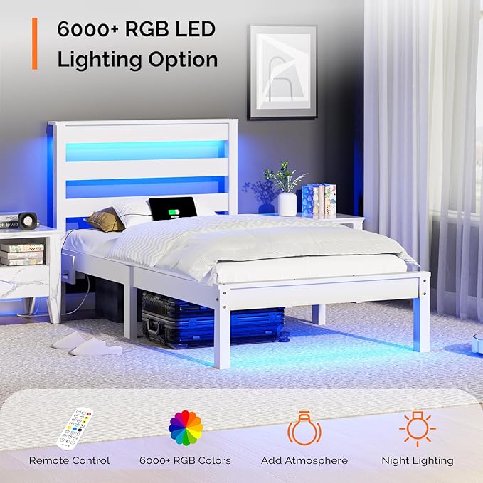 VINGLI Solid Wood Twin Bed Frame with LED Lights & USB Charging, Platform Bed with Storage Headboard Shelf, No Box Spring Needed, Noise-Free, Easy Assembly,White