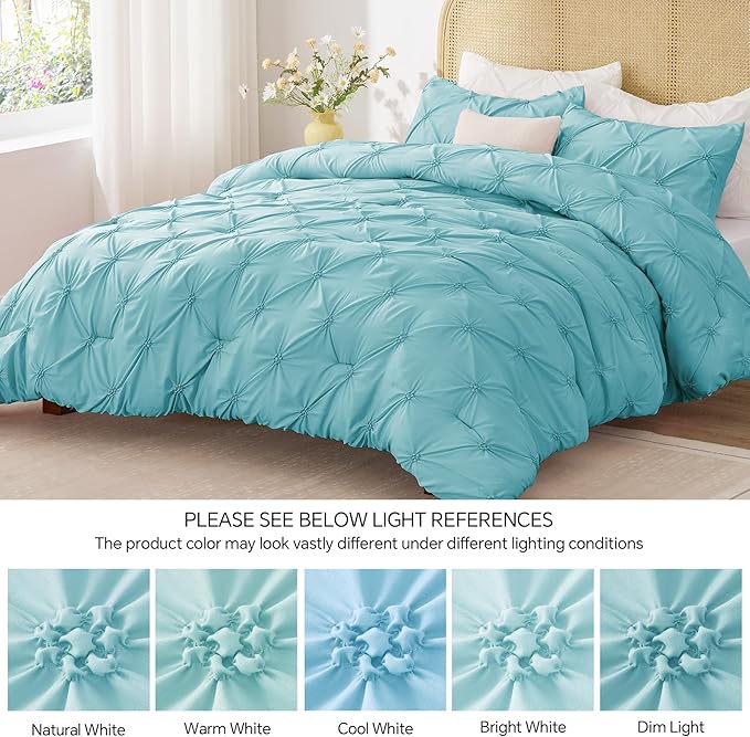 BEDELITE Macaron Blue King Size Comforter Set - 3 Pieces Boho Pintuck Bedding Comforter Sets, Lightweight Soft & Warm King Bedding Set with 2 Pillowcases for All Season