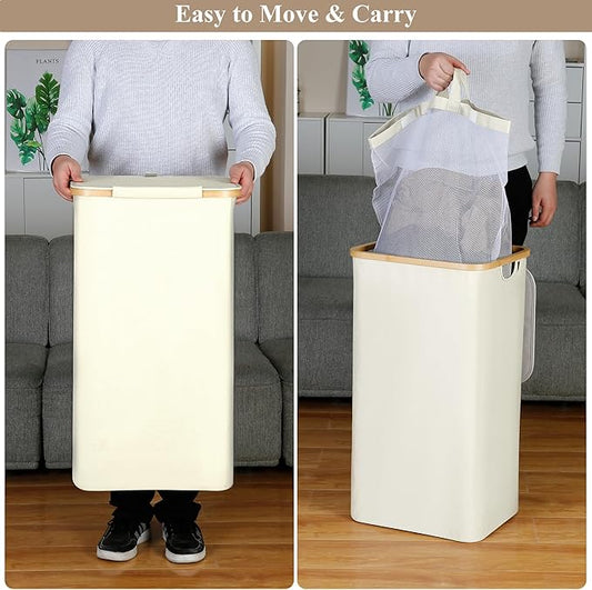Laundry Basket with Lid, 110L Large Laundry Hamper with Handle and Lid, Collapsible Clothes Basket Organizer with Removable Inner Bag for Clothes Toys Towels - Beige