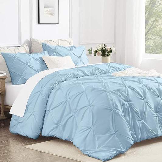 Andency California King Comforter Set Light Blue (104x96Inch), Pinch Pleat Cal King Comforter Set 3 Pieces, Oversized King Pintuck Bed Comforter, Microfiber Down Alternative Comforter Bedding Set