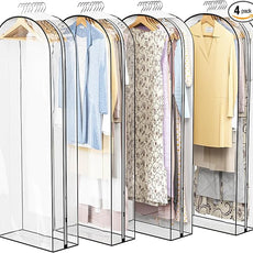 Clear Garment Bag for Hanging Clothes 10” Gusseted, 60” Suit Bags for Open Closet Storage Plastic Clothes Cover for Coat, Dress, Shirts, Fur, Jacket, Wardrobe Protectors, 4 Pack