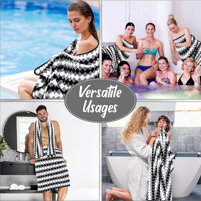 16 Pack Microfiber Bath Towels Bulk 27'' x 60'' Oversized Size Bath Towel Highly Absorbent Extra Large Soft Drying for Shower Beach Winter Salon Sport Gym Party (Grid,Black)