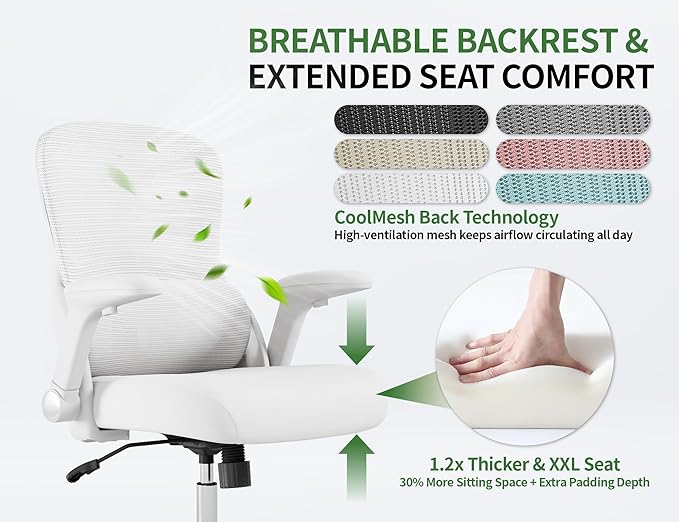 White Office Chair for Big and Tall People - 400lbs Wide Seat Computer Desk Chair Gaming Ergonomic High Back Cushion Lumbar Support with Comfy Mesh Swivel Rolling Home, Task Chair