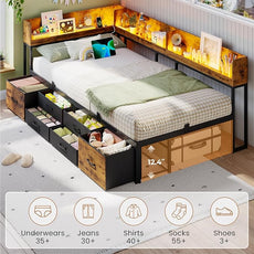 VIAGDO Corner Bed Frame with Storage Bookcase and 6 Drawers, Twin XL Metal Platform Corner Bed Frame with LED Lights and Charging Station, Twin XL Daybed for Kids Teenagers, Rustic Brown & Black