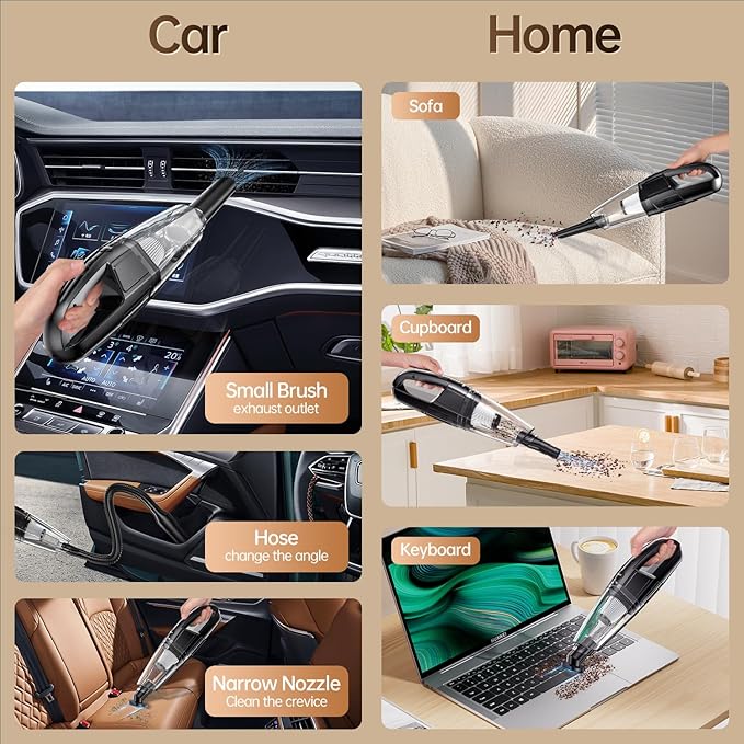 Cordless Handheld Vacuum 7000Pa Suction, 650mL Dustbin, 1.43 lbs Lightweight, Rechargeable, Ideal for Car & Home Use, 25-Minute Runtime