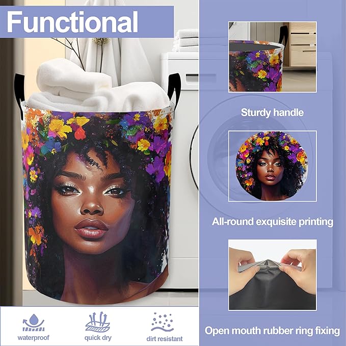Laundry Basket-Black Girl Foldable Waterproof Oxford Cloth Funny Tote Bag Laundry Hamper Clothes Storage Bucket Organizer For Bathroom/Laundry Storage/Bedroom Storage Basket
