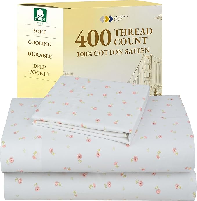 California Design Den Deep Pocket Twin Sheets Set - 400 Thread Count Sateen, Natural 100% Cotton Sheets, and Durable Bedding Set - Soft Floral CaliforniaDesignDen