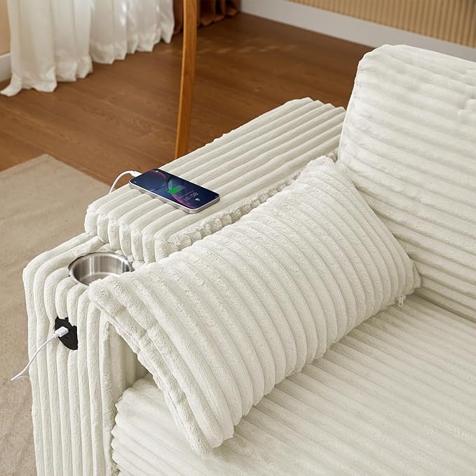68.11" Corduroy Sleeper Chair Bed with USB Port, Cup Holders & Side Storage Pockets – 3-in-1 Foldable Sofa Bed for Guest Room, Living Room – White