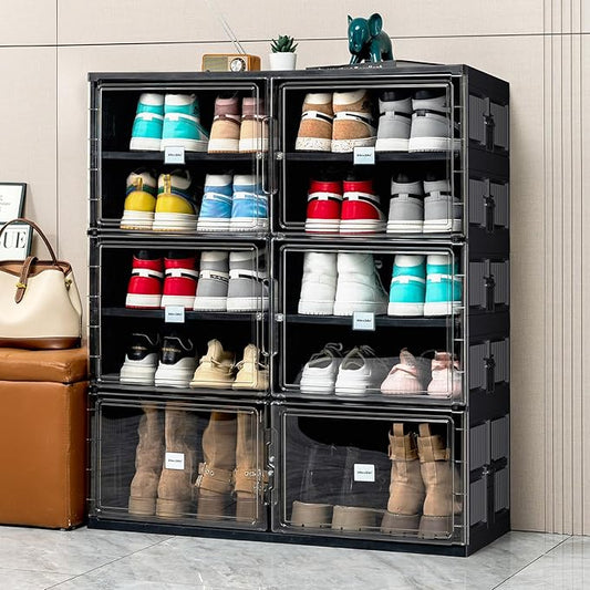 JEKO&JEKO 5 Tiers Foldable Boot Storage Shoe Rack Cabinet for Closet Entryway, Large Collapsible Shoe Organizer with Magnetic Doors (Black)