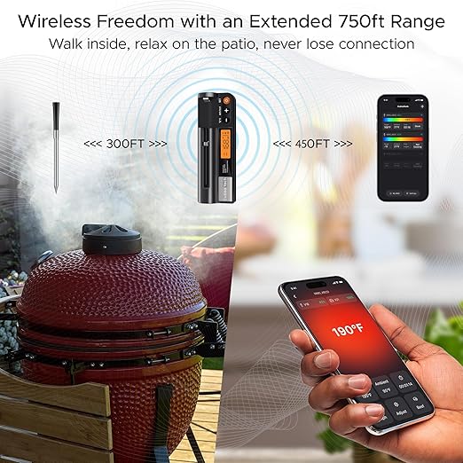 750ft Wireless Meat Thermometer Long Range for Smoker, BBQ & Rotisserie, Smart Bluetooth Thermometer Dual Sensor Waterproof Probe with LCD Base Station Display & App Control