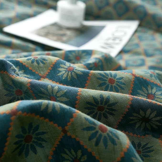 VM VOUGEMARKET Boho Duvet Cover King Geometric Pattern,3Pcs Yarn-Dyed Muslin Cotton Duvet Cover Set Blue Green Flower Bedding Set for Girls Women Without Comforter