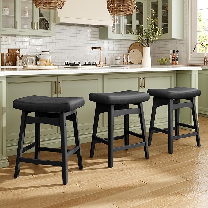 MAISON ARTS Black Counter Height Bar Stool for Kitchen Counter Solid Wood Legs with Faux Leather Saddle Seat Farmhouse Barstool for 34"-38" Counter Island Upholstered Stool, 24in Height, 1pc